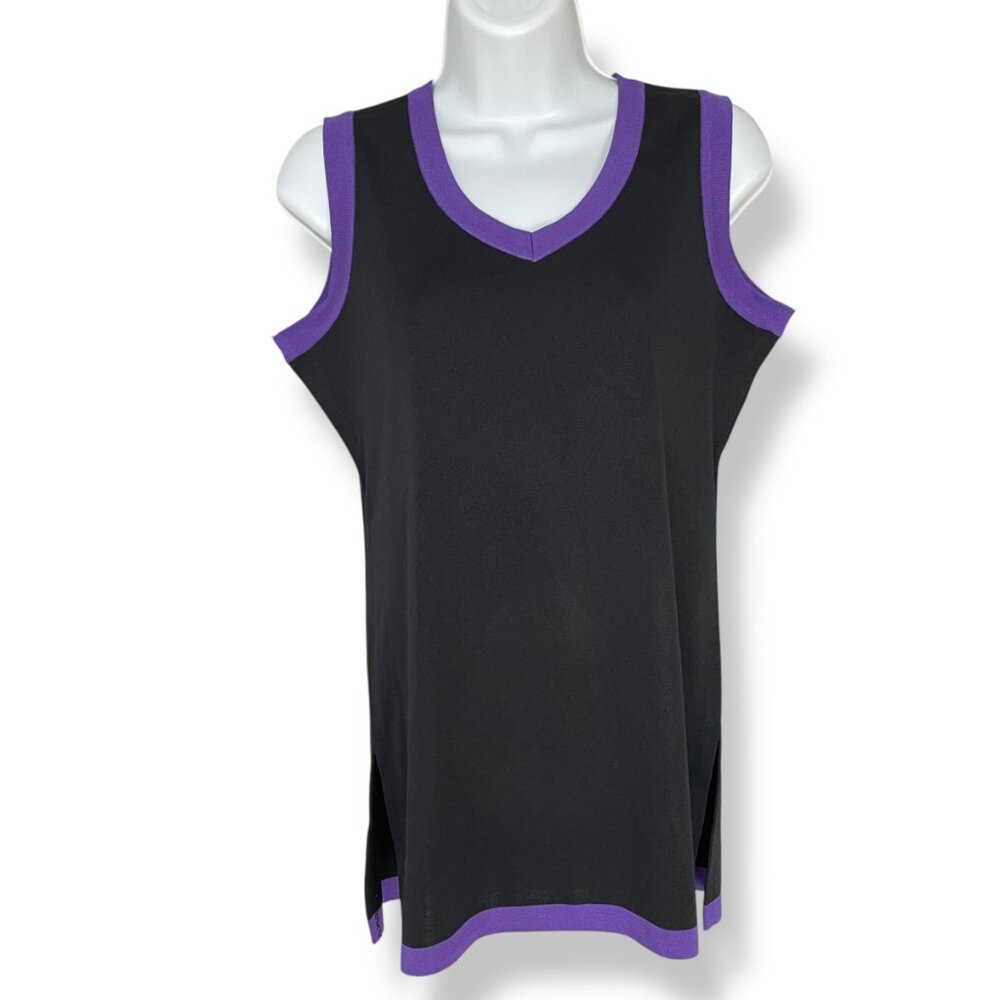 Misook Knit Top‎ Sleeveless Black Purple Trim Sz XS Women Tank Top Office V-Neck